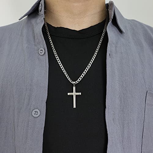 Cameido 925 Sterling Silver Cross Necklace For Men Women 4.5Mm Stainless Steel Highly Polished Cuban Link Chain 18K White Gold Plated Beveled Edge Crucifix Cross Pendant Necklace 22 Inche #TOP1