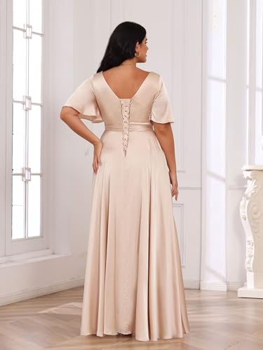 YOFF Women's Short Sleeves A-line Bridesmaid Dresses 2025 with Slit Long Ruched Satin Prom Dresses YO1832