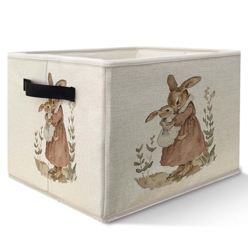 Likjad Vintage Bunny Storage Bins Basket, Toybox for Girls Room, Retro Rabbit Mom and Baby Collapsible Fabric Storage Box Organizer for Bedroom Bathroom Clothes Books Toys