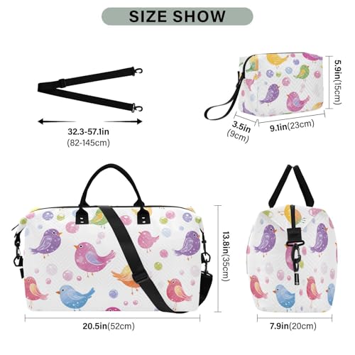 Bird Travel Gym Bag, Colorful Birds White Background Weekender Overnight Duffle for Women with Toiletry Bag Travel Swim3