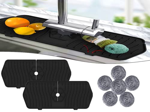 Anlising 2PCS Alfombrilla de Grifo de Silicona, Alfombrilla de Goteo de Silicona, Alfombrilla de Silicona para Grifo, Envía 6PCS Cocina Limpieza Lana de Acero, para Fregadero de Cocina y Baño (Negro) Cover