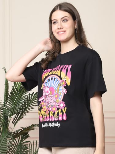 Image of Style Go Pure Cotton Oversized Baggy Fit Drop Shoulder Aesthetic & Cool Graphic Printed Half Sleeve Tshirt for Women || Trendy Tees || Casual Loose Korean T-Shirt