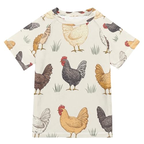 Boys Short Sleeve T-Shirts Chicken Cartoon Pattern Rashguard Kids Swim Shirts Sun UPF 50+ Multicoloured