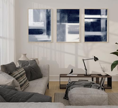 Wavkkey 3Pcs Navy Blue Abstract Wall Art Blue Grey Neutral Modern Geometric Abstract Painting Poster Wall Decor Canvas Print Artwork for Living Room Bedroom Office Home Decoration Unframed — view 2