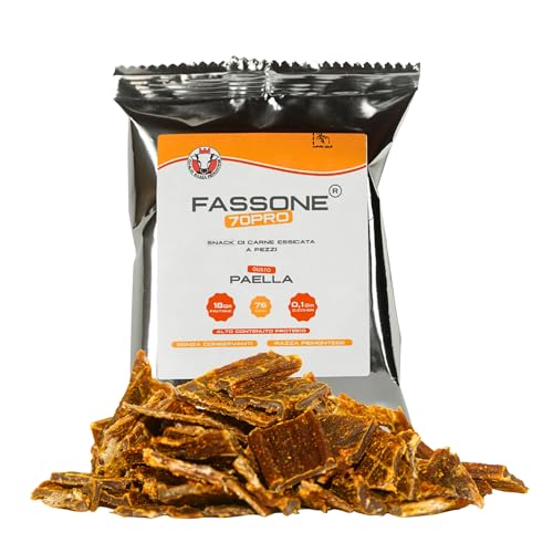 Fassone70pro Beef jerky gusto Paella, carne secca per umani con 70% di proteine naturali, snack proteici a base di carne essiccata per sportivi, beef protein proteine senza lattosio.(Pack da 10 x 25g)