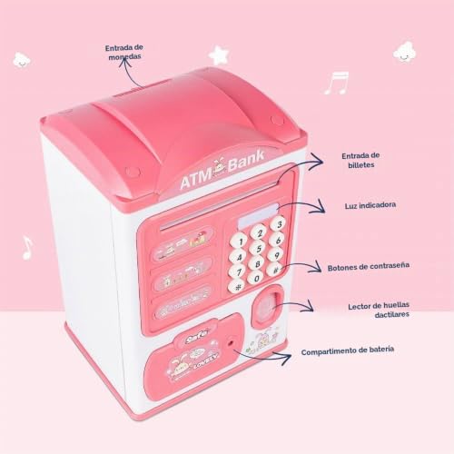 Miniatura 3 de Hucha Infantil Niños, Alcancía Con Huellas Dactilares Y Bloqueo De Contraseña, Mini Caja Fuerte Electrónica Para Cajero Automático Bancos, Juguete De Regalo De Cumpleaños Rosa