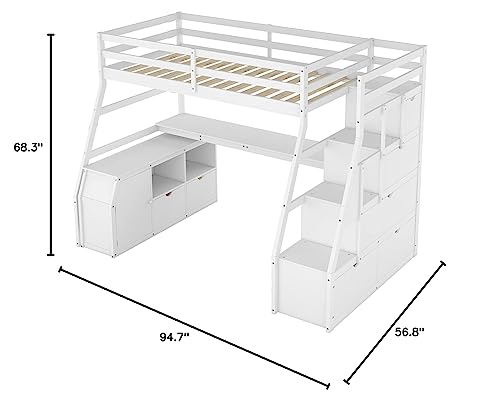 Merax Loft Bed Twin Size, Wooden Frame With Desk And Storage, Space-Saving Design With Convenient Multi-Drawers & Cabinet, For Teens Adults (White) #TOP7
