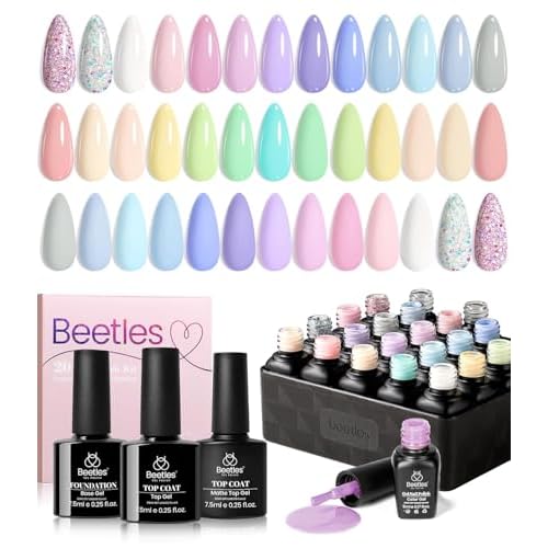 Beetles Gel Nail Polish – 20 Pcs Pastel Paradise Soak Off, Nude Gray Pink Blue Glitter Gel Polish Starter Kit with Glossy Matte Top Base Gel Coat Manicure Kit