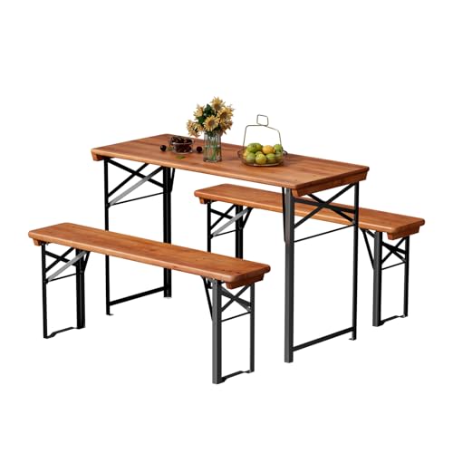 VINGLI 45 Inch Folding Picnic Tables with Benches Set, Weather-Resistant Wooden Beer Garden Table Bench, 3-Piece Portable Fold Up Camping BBQ Table,Walnut Color