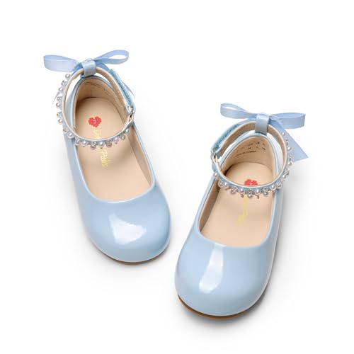 DREAM PAIRS Toddler Little Girls Dress Shoes Flower Girl Mary Jane Ballet Flat Shoes with Pearl Ankle Strap & Satin Bow for Wedding/Party,Size 5 Toddler,Light Blue,SKFA26002K