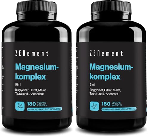 Magnesio Complex 5 en 1 - Bisglicinato, Citrato, Malato, Taurato y L-Ascorbato - Alta Biodisponibilidad y Tolerancia, sin óxido de magnesio - 360 mg por dosis - 180 Cápsulas – Zenement (Paquete de 2)