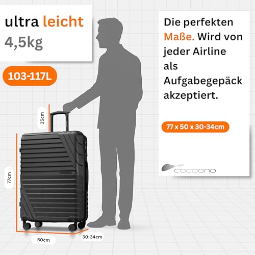 Hartschalenkoffer XL Groß - 100L Volumen erweiterbar auf 117L - 158cm Gurtmaß - 8 Rollen 360° drehbar...