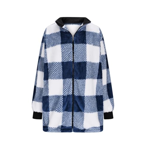Long Winter Coats for Women Plaid Fuzzy Fleece Plus Size Zip Up Jacket Warm Casual Comfy Faux Fur Jacket with Pockets Trendy3