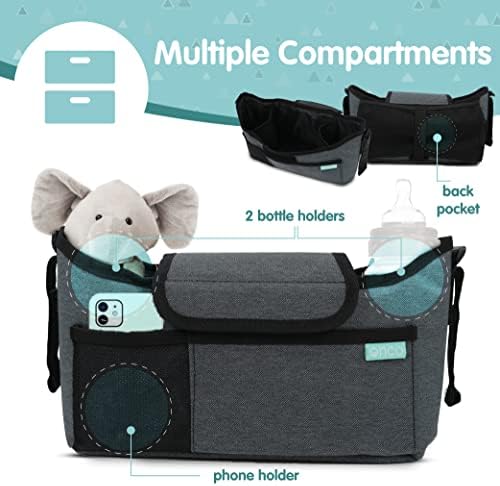 onco Buggy Bag - Buggy Organiser with Cup Holder, Pram Organiser Bag with Phone Pocket, Must-Have Pram Accessories, Universal Stroller Bag for all Types of Pushchairs, Pram Bag in Charcoal Grey