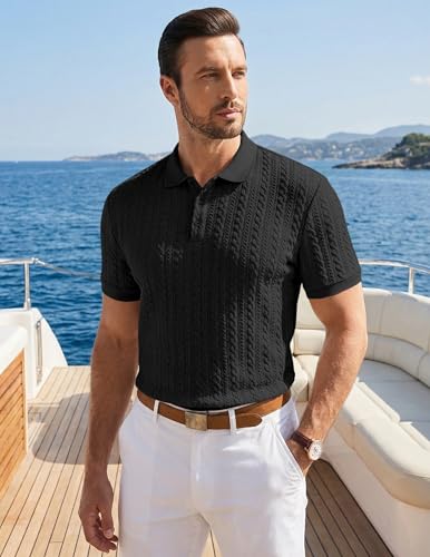 Image of JMIERR Men's Casual Polo Shirt Knitted Textured Short Sleeve Stretch Golf Shirt Summer Vacation Beach Collared Shirts