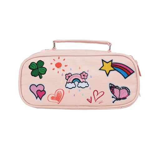 BLISSIQUEE Large Pencil Case with 12 Embroidery Patch, Pink Pencil Case with Compartments, Stationery Organizer Pen Pouch, Personalised Pencil Cases for School Office Supplies Girls Women Student