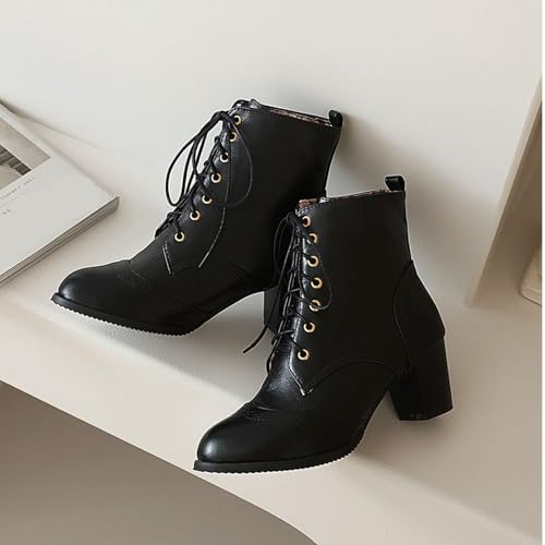 SHEMEE Women's Wingtip Block Heels Ankle Boots Lace-Up Stacked Chunky Heel Booties Round Toe Short Boots4