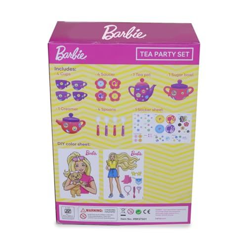 Image of Barbie Tea Party Set by GENIE'S TOY BUS for Kids | Tea Party Set Including Cups, Saucers,Tea Pot,Sugar Bowl, 2 Color Sheet, etc | Kitchen Toy Gift for Toddler Kids Girls 3 Yrs+ | ( Purple Color )