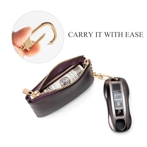 Image of Full Grain Leather Coin Purse with Key Chain - Small Change Purse Keychain Card Holder Keychain Pouch Small Keychain Wallet for Women and Men (Eggplant Purple)
