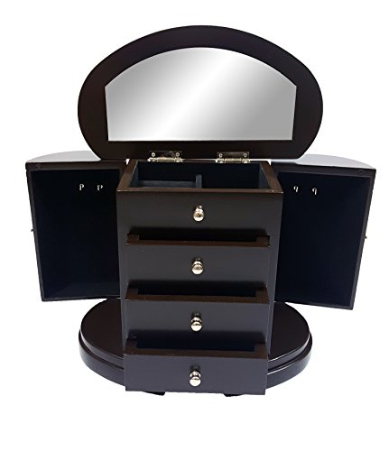 UNIWARE PY8283-BR Elegant Wood Jewelry Cabinet with 4 Drawers, Mirror and Legs, White (Dark Brown), Gift