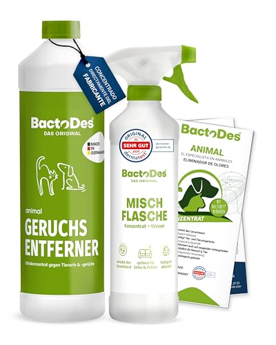 BactoDes - Eliminador de olor mascota 1L concentrado con botella mezcladora en spray - Potente limpiador enzimático efecto biomicrobiano - Eliminador de olor mascotas para orina de gato, perro, etc