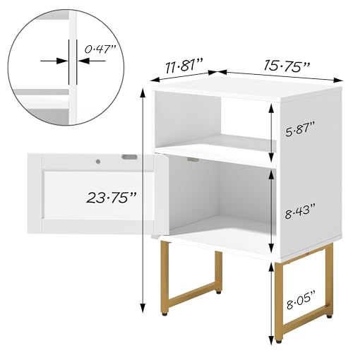 Image of JOONEE Rattan Nightstand,Farmhouse Bedside Table with Storage Drawer and Open Shelf,Modern Boho Small Gold Frame Side End Table for Bedroom,Living Room,Office(White)