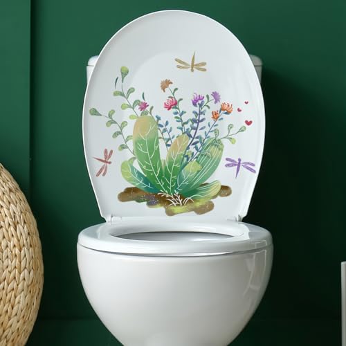 kbatuo Dragonfly Flowers Plants Toilet Cover Sticker Decals,Flower leaf bird Waterproof Toilet Lid Tank Seat Decals Cistern Self-Adhesive Bathroom Wall Sticker, Transparent, kbatuo-001