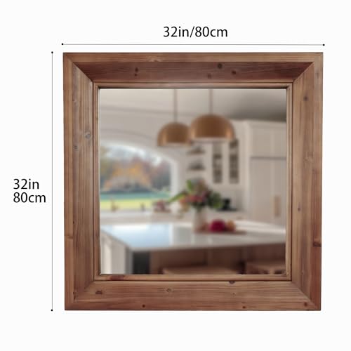 ZIYOO Rustic Farmhouse Wall Mirror, Solid Wood Frame Square Decorative Mirror, Country Style Accent Mirror for Living Room, Bedroom, Entryway, Bathroom, 32"x32"