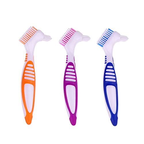Juego de 3 cepillos de limpieza para prótesis dentales portátiles con cerdas multicapa y mango de goma ergonómico para una limpieza incorrecta, 3 colores Cover