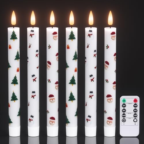 Image of GenSwin 6 Pcs LED Taper Candles with Remote Timer, Christmas Decals, Battery Operated, White Wax, Classic Style, Energy Efficient, 9.6 inch H
