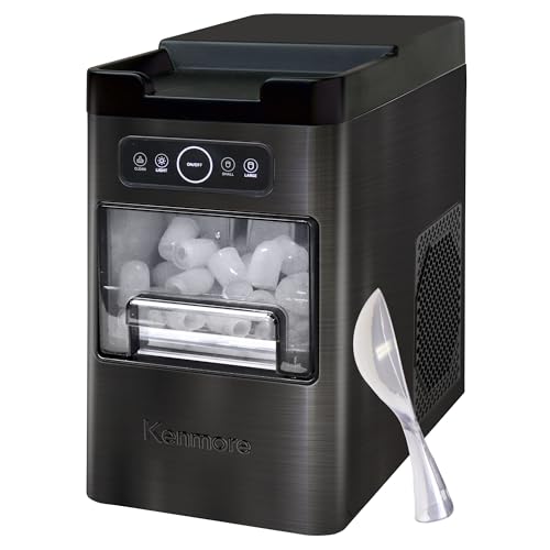 Kenmore Front Load Ice Maker – Machine à glaçons Domestique, Nugget Ice Maker Makes 9 Pebble in 6 Mins, Portable Self‑Cleaning Ice Machine, 26 Lbs/Day, Stainless Steel Black