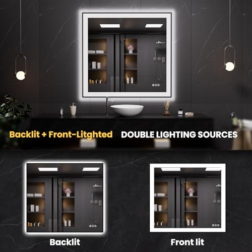 LOAAO 40"X38" LED Bathroom Mirror Black Framed, Anti-Fog, Dimmable, Lighted Bathroom Vanity Mirror for Wall, Memory Function, Tempered Glass