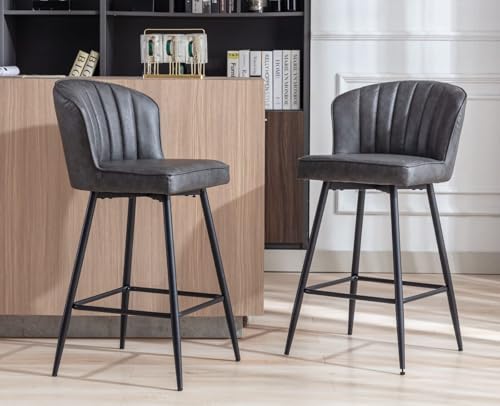 Image of EALSON 26 Inch Counter Height Bar Stools Set of 2 Leather Counter Stools with Back Modern Comfortable Bar Chairs with Metal Footrest Upholstered Kitchen Island Stool for Home Bar Dining Room, Grey