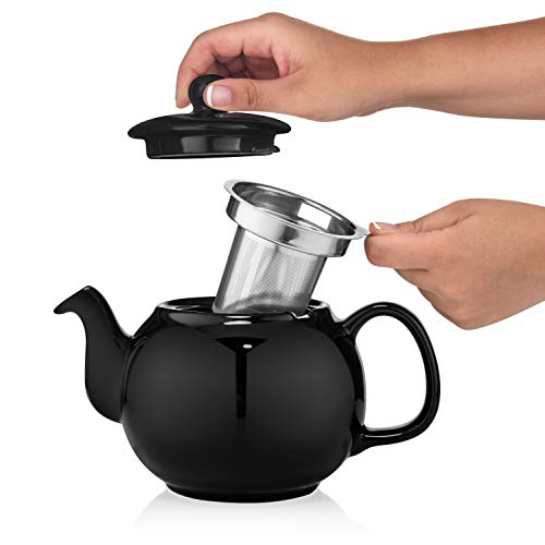 Image of SAKI Large Porcelain Teapot, 48 Ounce Tea Pot with Infuser, Loose Leaf and Blooming Tea Pot - Black