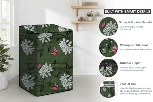 Image of Stylista PVC Washing Machine Cover Compatible for 6.5 KG Fully-Automatic Top Load TL- RDW 6.5 kg Aqua, Petals Pattern Green