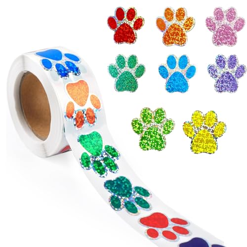 Lohill 500 Stück Glitzernde Hunde- und Katzenpfoten Aufkleber, 2,5cm, Multicolor, Glänzend, Tierdruck, Gepunktet, Wiederverwendbar, Indoor, Hund und Katze, Kind, Haustierbesitzer