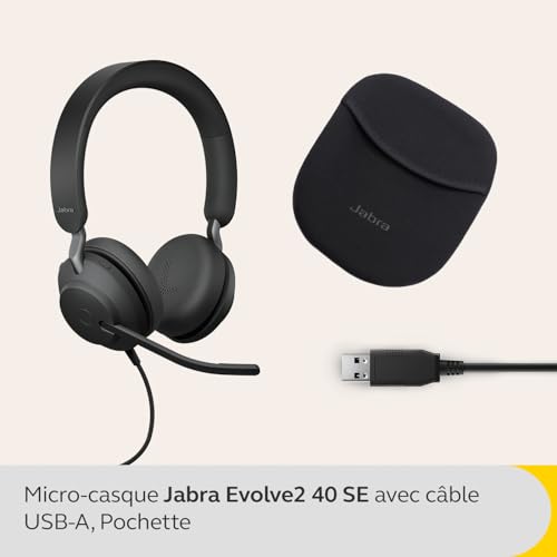 Jabra Evolve2 40 SE, Casque Filaire stéréo antibruit avec 3 Microphones et câble USB-C/A, Certifié Microsoft Teams, Idéal pour Bureau et Centres d'Appels, Installation Simplifiée, Noir