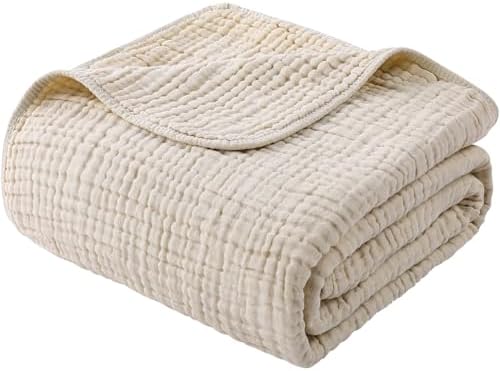 The Fleece Company Muslin Cotton Blanket, Cotton Lightweight Breathable Bed Blanket, Soft Pre-Washed Open Weave Layer for All Seasons (Apricot White,90" x 90")
