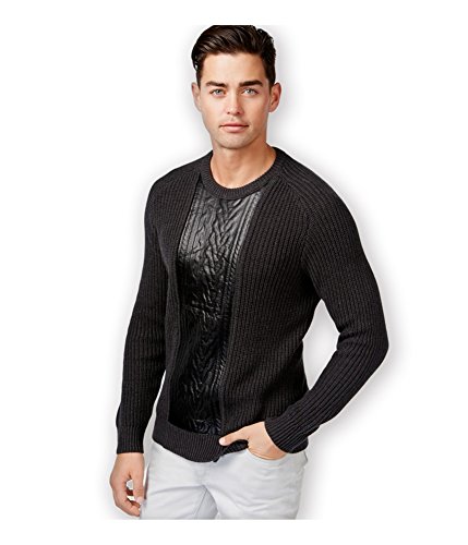 INC Mens Faux Leather Crew Neck Pullover Sweater Gray S