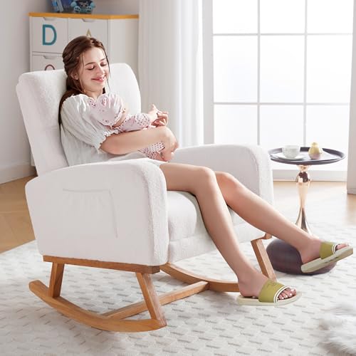 Image of HCHAIRH Rocking Chair Nursery with Foot Rest, Nursing Rocking Chairs for Mom Nursery, Teddy Rocker Glider with High Backrest for Living Room, Bedroom, White