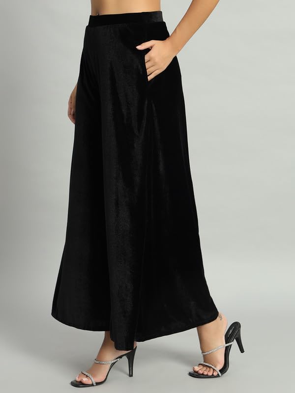 Image of Vaararo Party Trousers for Women | Shiny Velvet Fabric Wide Bottoms Stylish Palazzo Pants