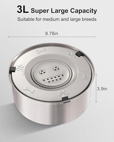 Hundenapf aus Edelstahl, 3 l, große Kapazität, langsamer Wasserspender für mittelgroße und große Hunde