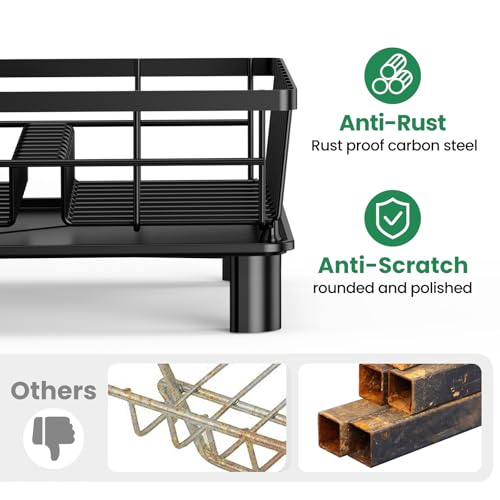 PKBD 2 Tier Dish Drainer Rack,Multifunctional/Detachable Dish Rack with Swivel Drainage Spout,Utensil Holder,Cup Holder,Rust-proof Carbon Steel/Space-Saving Dish Drying Rack for Kitchen Counter,Black - Image 6