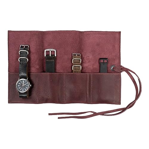 Image of Hide & Drink, Leather Watch Roll Organizer Handmade from Full Grain Leather, Holds Up to 4 Watches, Easy Carry On Watchlover Storage (Sangria)
