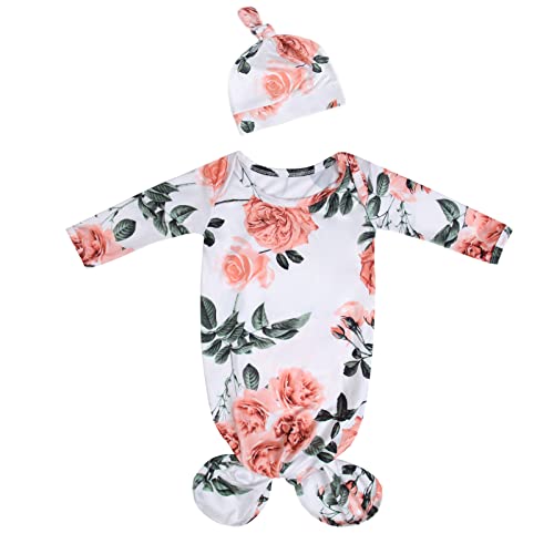 MVUOCR Newborn Baby Girl's Knotted Gowns Floral Baby Sleeper Infant Nightgowns Gift and Soft Coming Home Outfit with Hat Inkgreen