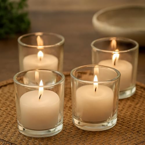 Image of Pure Source India Set of 12 Votive Glass Candle Holders with Tealight Candles | Decorative Diwali Lights for Home, Pooja & Festive Decor (Clear)