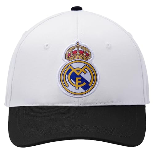 Icon Sports Officially Licensed Real Madrid Adjustable Dad Cap White & Black Cotton Hat with Buckle for Men & Women Soccer Fan Merchandise
