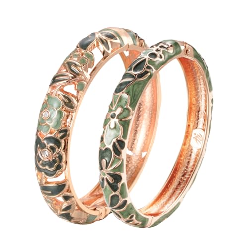 Image of UJOY Vintage Jewelry Cloisonne Handcrafted Flower Enameled Gorgeous Rhinestone Hinged Cuff Bracelet Bangles Gifts 88A10