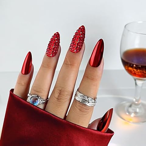 Yivaiks Chrome Almond Press on Nails Medium Mirror Full Cover Red Rhinestones Fake Nails with Designs Punk Style Artificial Nails Press ons Stick On False Nail Kit 24 PCS Cover