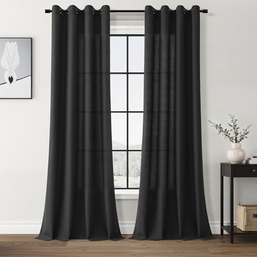 Image of Black Linen Curtains 96 inches Long for Living Room Grommet Semi Sheer Light Reducing Curtain Drapes 2 Panel Set Airy Lightweight Privacy Textured Window Treatments Panel for Bedroom 8Ft Tall 52x96